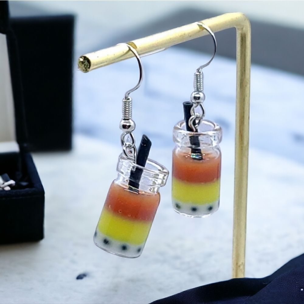 Tapioca Boba Bubble Tea Earrings Resin Layered DrinkโGlass Dangle Jewelry NEW